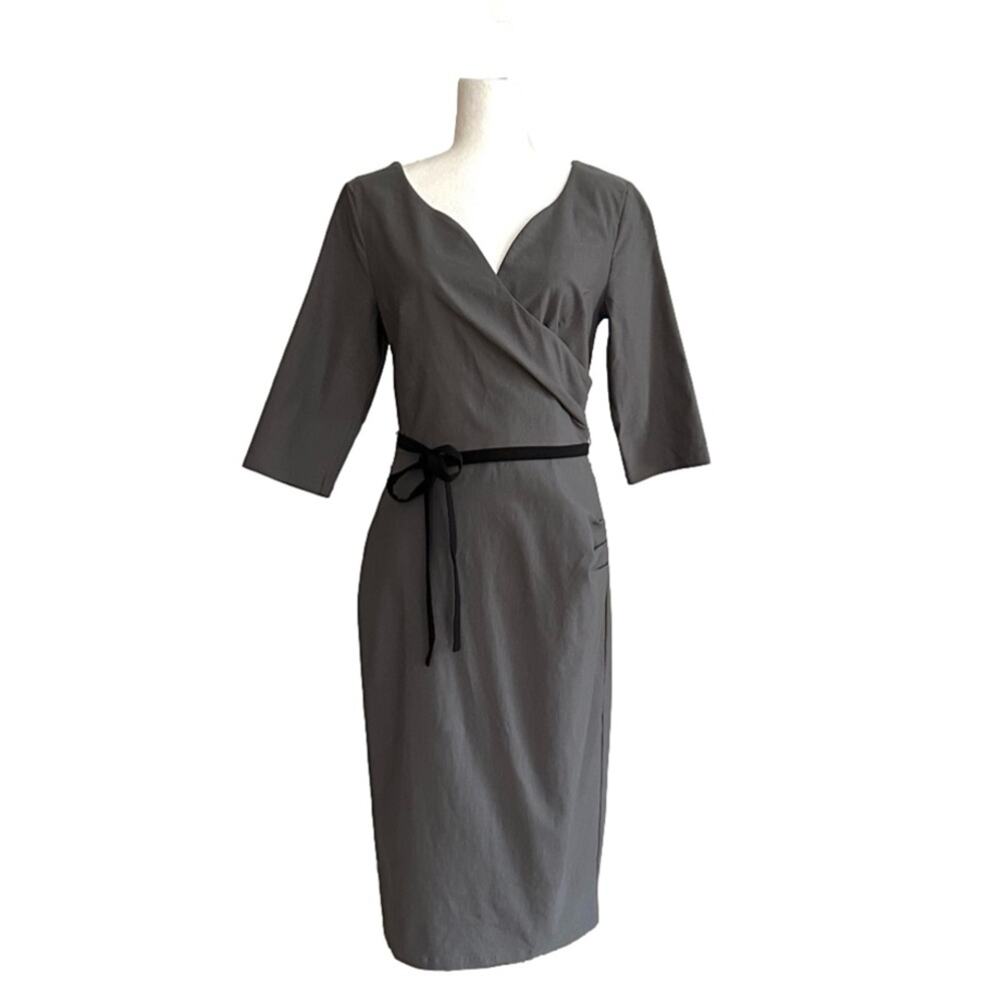 MUXXM Dress Gray Stretch Faux Wrap V-Neck 3/4 Sleeve Belted Dress Size Large NEW